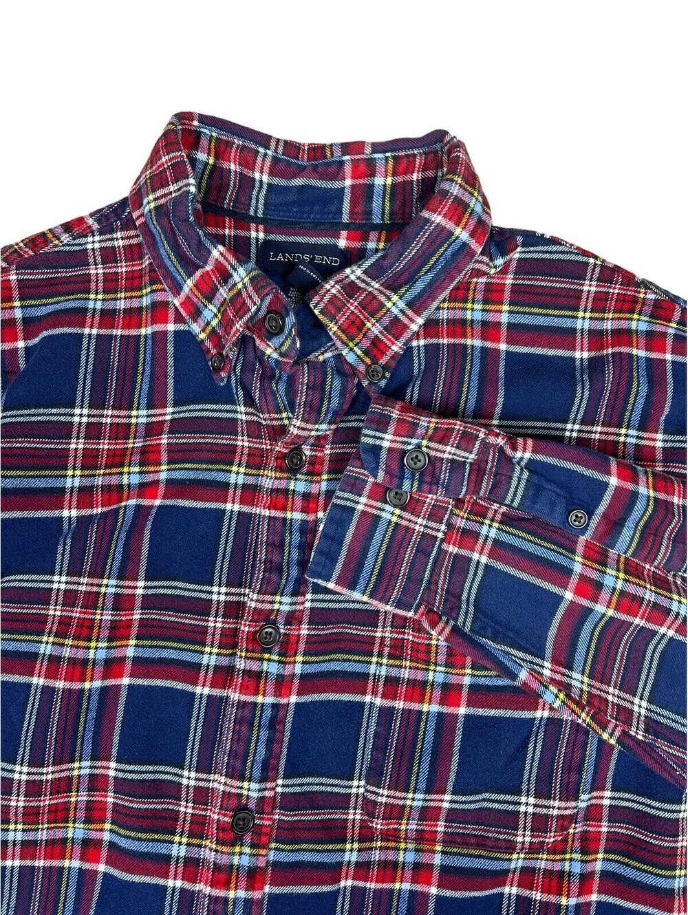 Lands End Flannel Shirt Mens Size 16-16.5 Button Down Traditional Fit Red Blue